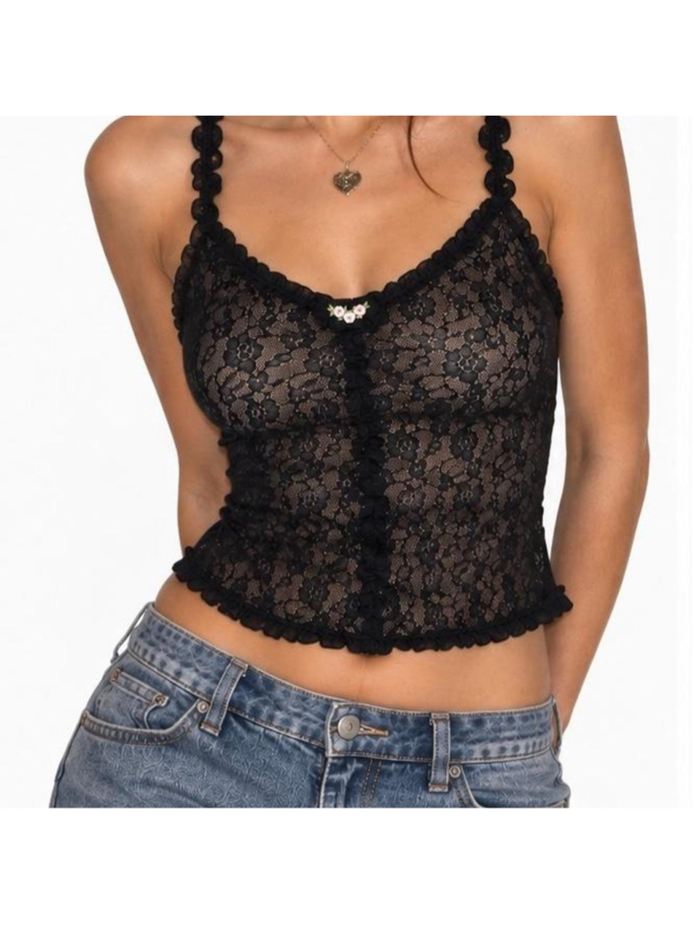 Vintage Movie Star Black Lace Camisole L Nylon USA Sheer Floral Lingerie Cami